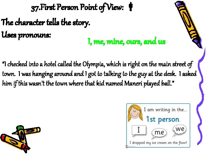 37. First Person Point of View: The character tells the story. Uses pronouns: I,
