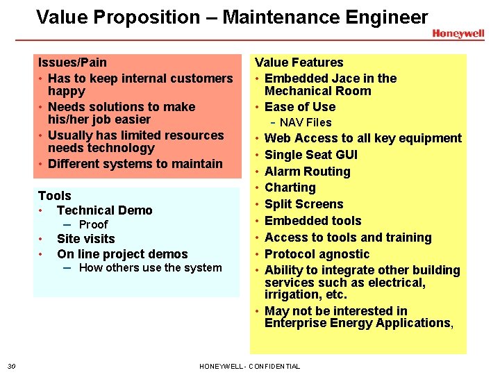 Value Proposition – Maintenance Engineer Issues/Pain • Has to keep internal customers happy •