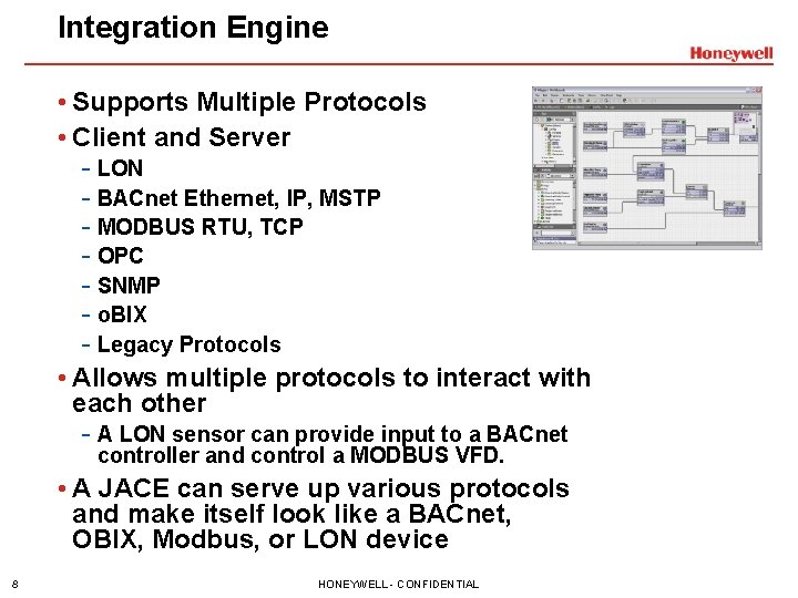 Integration Engine • Supports Multiple Protocols • Client and Server - LON - BACnet