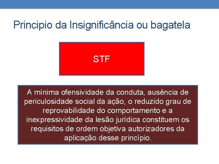 Principio da Insignificância ou bagatela STF A mínima ofensividade da conduta, ausência de periculosidade