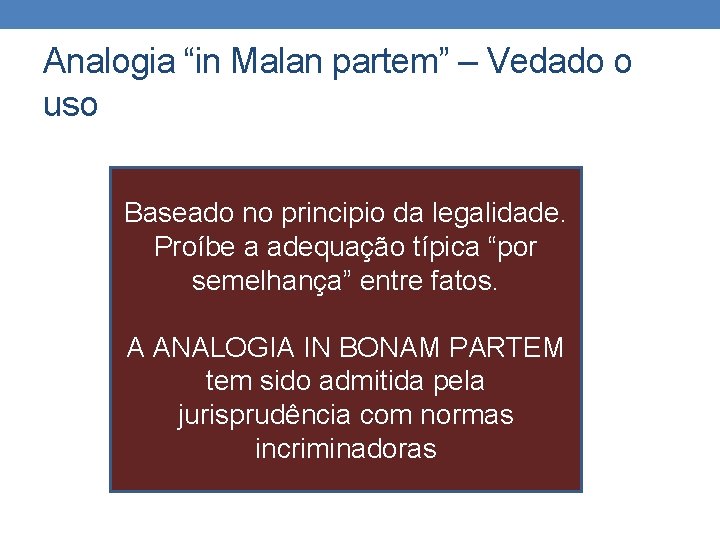 Analogia “in Malan partem” – Vedado o uso Baseado no principio da legalidade. Proíbe