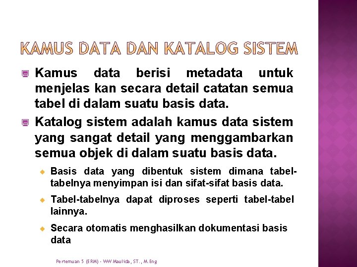 ¿ ¿ Kamus data berisi metadata untuk menjelas kan secara detail catatan semua tabel