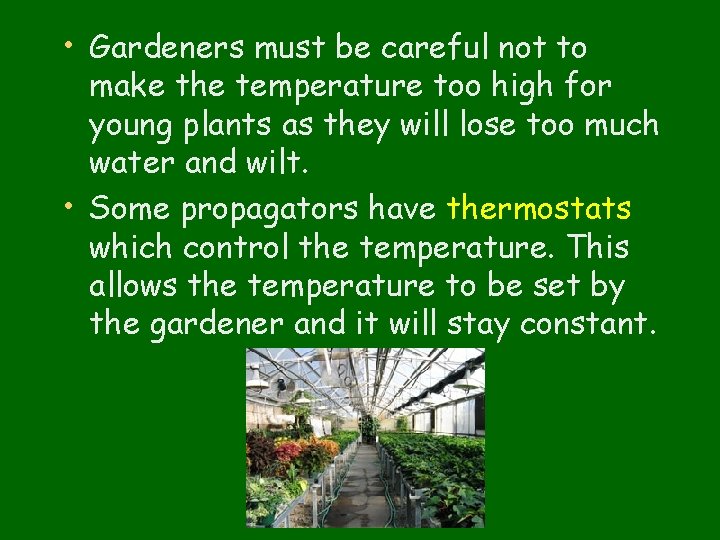  • Gardeners must be careful not to make the temperature too high for