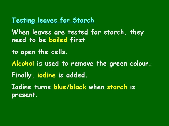 Testing leaves for Starch When leaves are tested for starch, they need to be