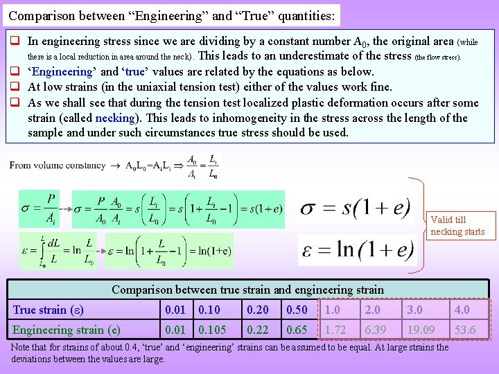 Comparison between “Engineering” and “True” quantities: q In engineering stress since we are dividing