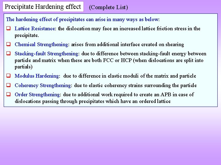 Precipitate Hardening effect (Complete List) The hardening effect of precipitates can arise in many