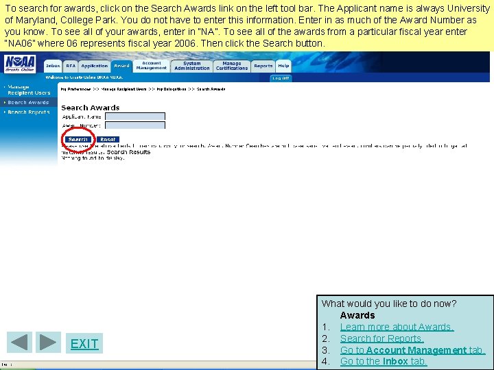 To search for awards, click on the Search Awards link on the left tool