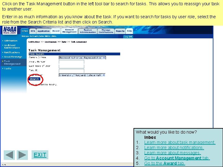 Click on the Task Management button in the left tool bar to search for