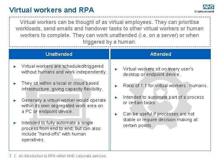 Virtual workers and RPA Virtual workers can be thought of as virtual employees. They