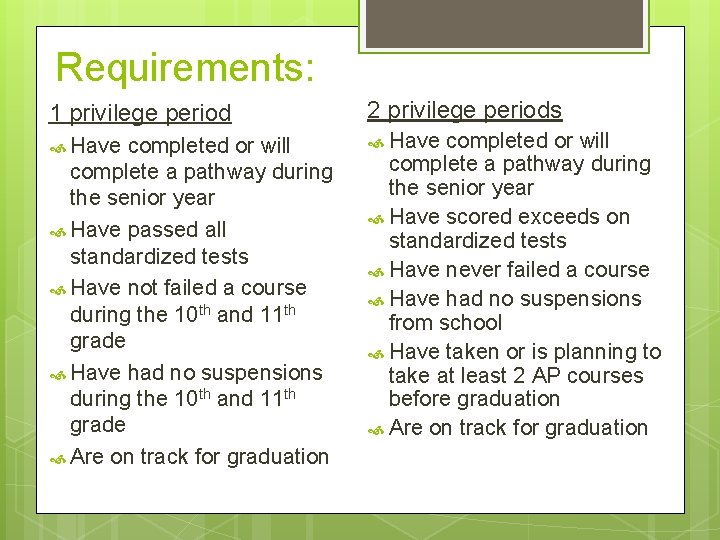 Requirements: 1 privilege period 2 privilege periods Have completed or will complete a pathway
