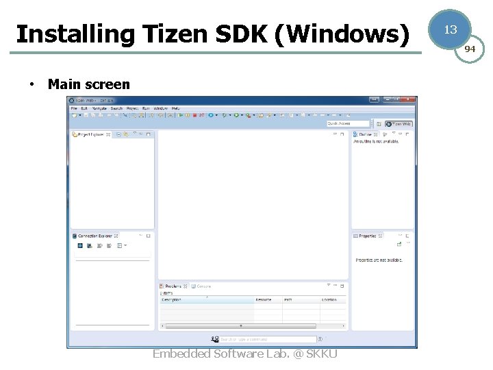 Installing Tizen SDK (Windows) • Main screen Embedded Software Lab. @ SKKU 13 94