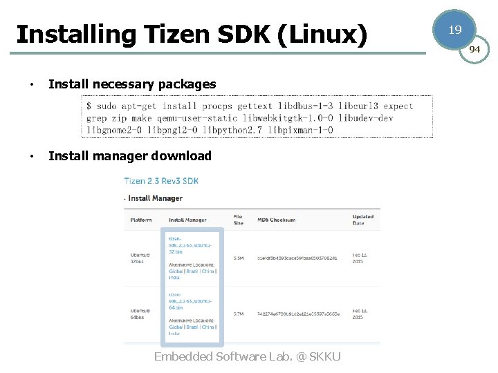 Installing Tizen SDK (Linux) • Install necessary packages • Install manager download Embedded Software