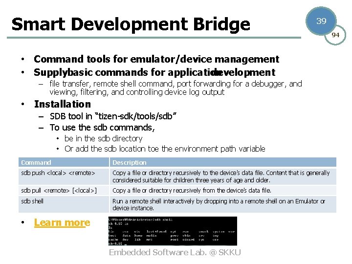 Smart Development Bridge 39 • Command tools for emulator/device management • Supplybasic commands for