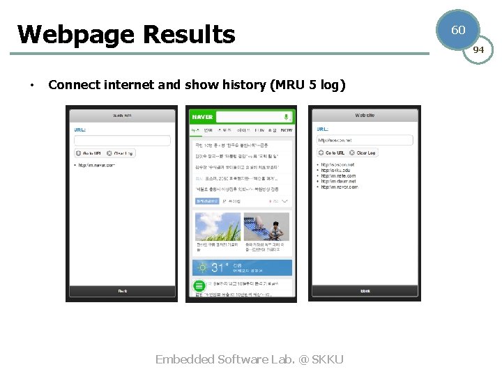 Webpage Results • Connect internet and show history (MRU 5 log) Embedded Software Lab.