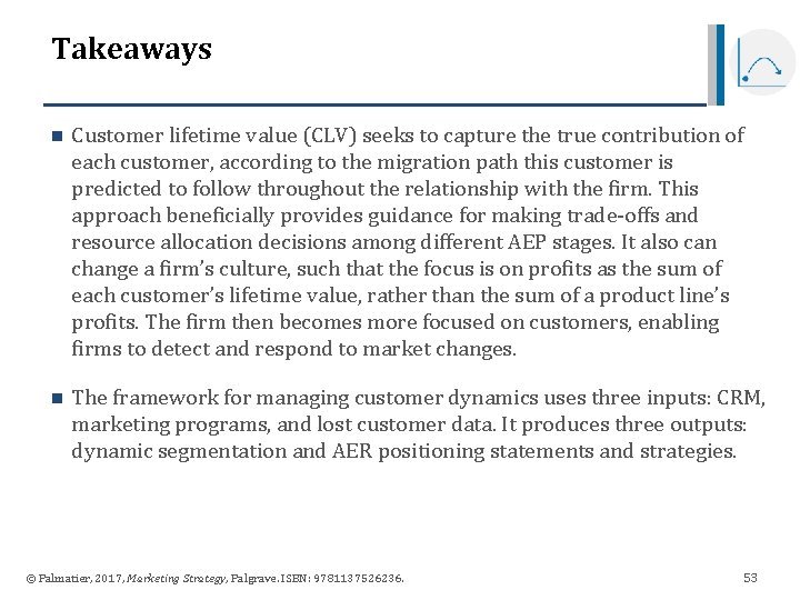 Takeaways n Customer lifetime value (CLV) seeks to capture the true contribution of each Takeaways n Customer lifetime value (CLV) seeks to capture the true contribution of each