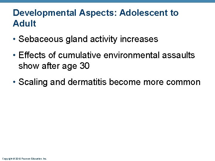 Developmental Aspects: Adolescent to Adult • Sebaceous gland activity increases • Effects of cumulative