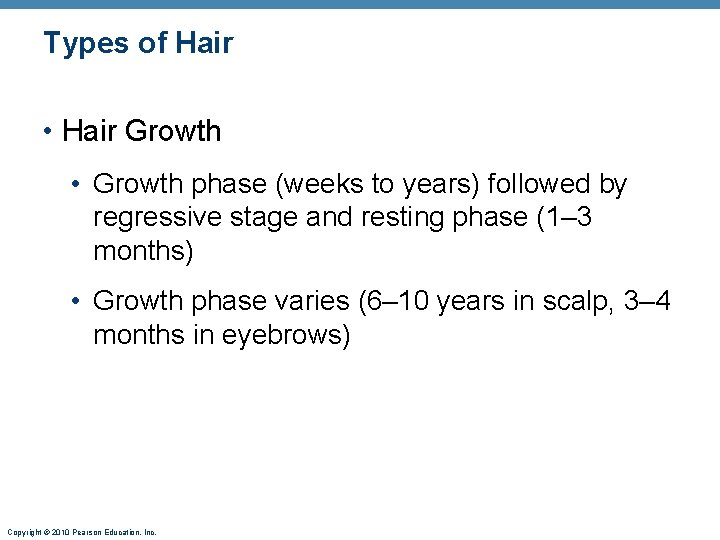 Types of Hair • Hair Growth • Growth phase (weeks to years) followed by