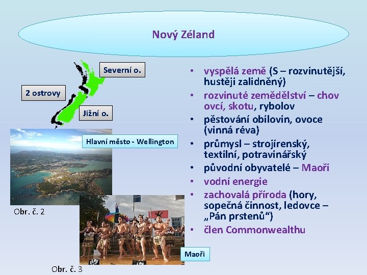 Nový Zéland Severní o. 2 ostrovy Jižní o. Hlavní město - Wellington Obr. č.