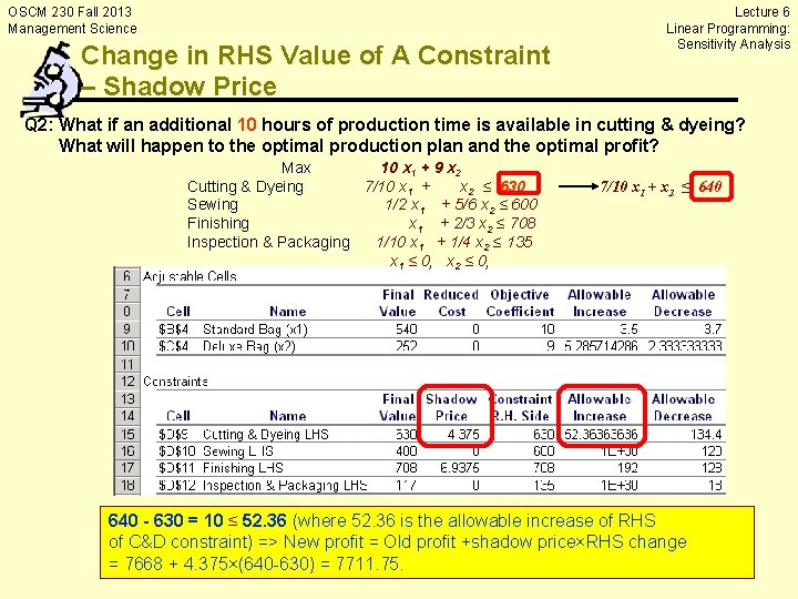 OSCM 230 Fall 2013 Management Science Change in RHS Value of A Constraint –