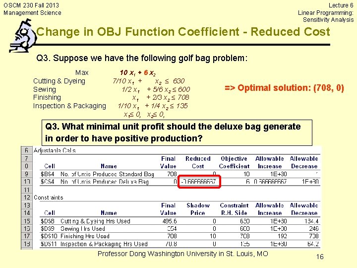 Lecture 6 Linear Programming: Sensitivity Analysis OSCM 230 Fall 2013 Management Science Change in