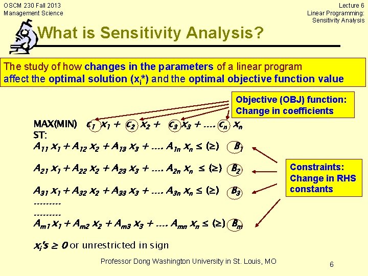 OSCM 230 Fall 2013 Management Science What is Sensitivity Analysis? Lecture 6 Linear Programming: