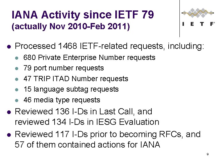 IANA Activity since IETF 79 (actually Nov 2010 -Feb 2011) l Processed 1468 IETF-related