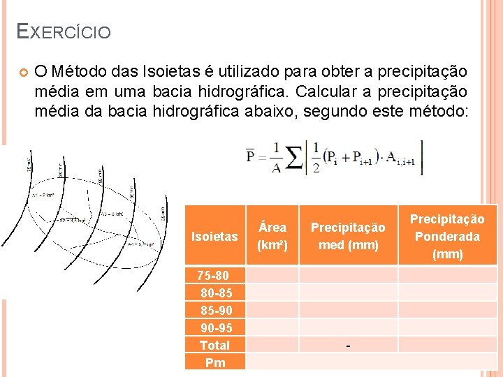 EXERCÍCIO O Método das Isoietas é utilizado para obter a precipitação média em uma