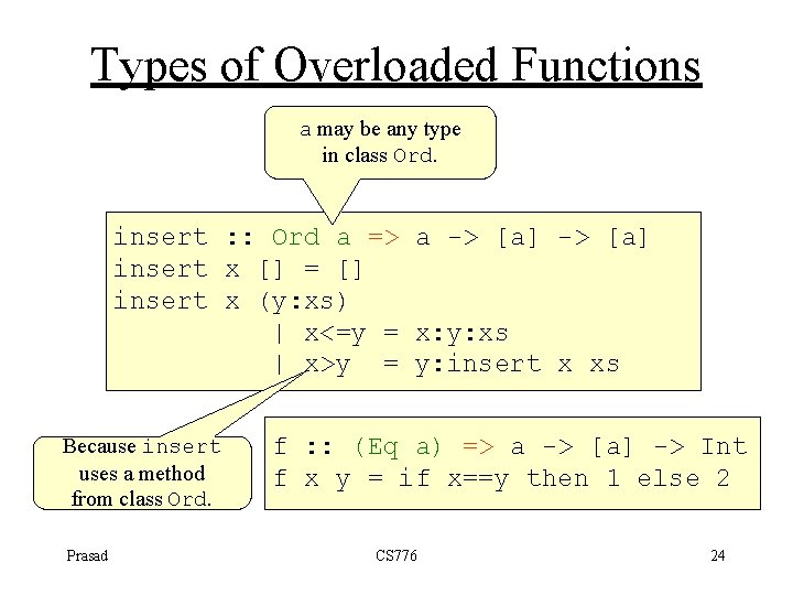 Types of Overloaded Functions a may be any type in class Ord. insert :