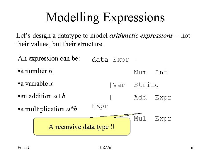 Modelling Expressions Let’s design a datatype to model arithmetic expressions -- not their values,