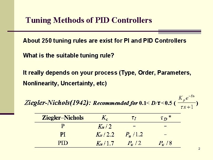 Tuning Methods of PID Controllers About 250 tuning rules are exist for PI and