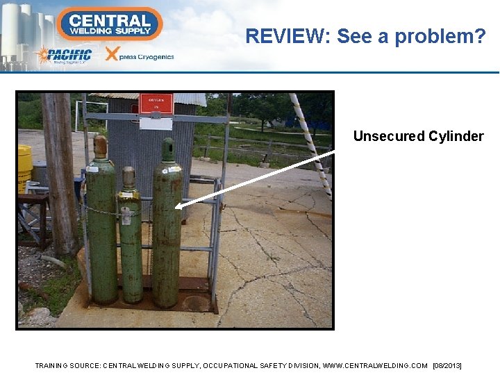 REVIEW: See a problem? Unsecured Cylinder TRAINING SOURCE: CENTRAL WELDING SUPPLY, OCCUPATIONAL SAFETY DIVISION,