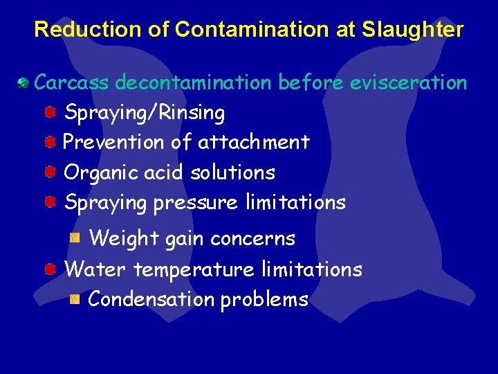 Reduction of Contamination at Slaughter Carcass decontamination before evisceration Spraying/Rinsing Prevention of attachment Organic Reduction of Contamination at Slaughter Carcass decontamination before evisceration Spraying/Rinsing Prevention of attachment Organic