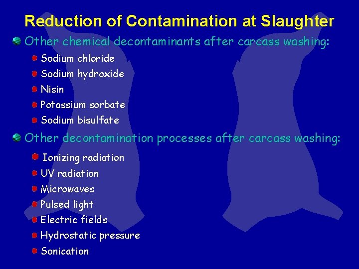 Reduction of Contamination at Slaughter Other chemical decontaminants after carcass washing: Sodium chloride Sodium Reduction of Contamination at Slaughter Other chemical decontaminants after carcass washing: Sodium chloride Sodium