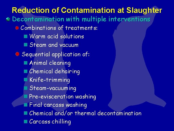 Reduction of Contamination at Slaughter Decontamination with multiple interventions Combinations of treatments: Warm acid Reduction of Contamination at Slaughter Decontamination with multiple interventions Combinations of treatments: Warm acid