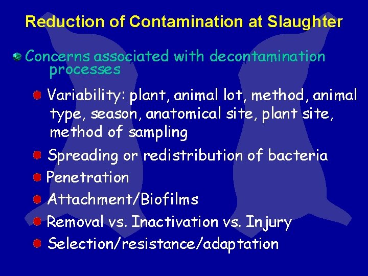 Reduction of Contamination at Slaughter Concerns associated with decontamination processes Variability: plant, animal lot, Reduction of Contamination at Slaughter Concerns associated with decontamination processes Variability: plant, animal lot,