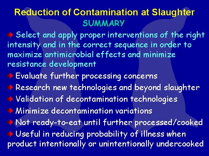 Reduction of Contamination at Slaughter SUMMARY Select and apply proper interventions of the right Reduction of Contamination at Slaughter SUMMARY Select and apply proper interventions of the right