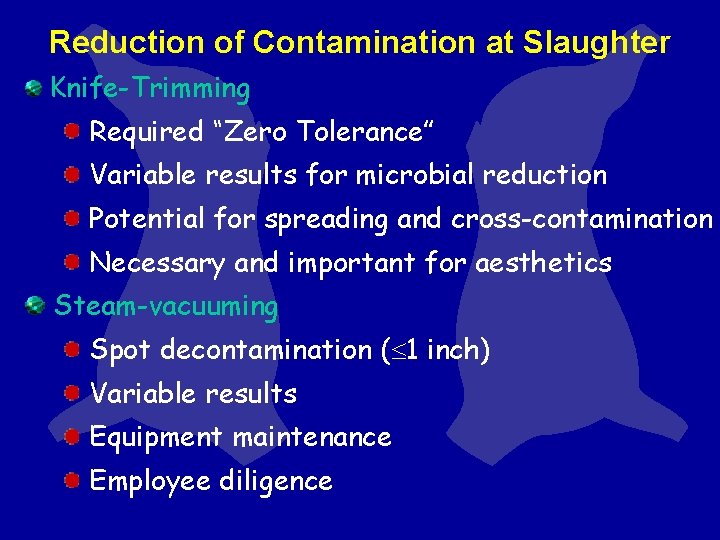 Reduction of Contamination at Slaughter Knife-Trimming Required “Zero Tolerance” Variable results for microbial reduction Reduction of Contamination at Slaughter Knife-Trimming Required “Zero Tolerance” Variable results for microbial reduction