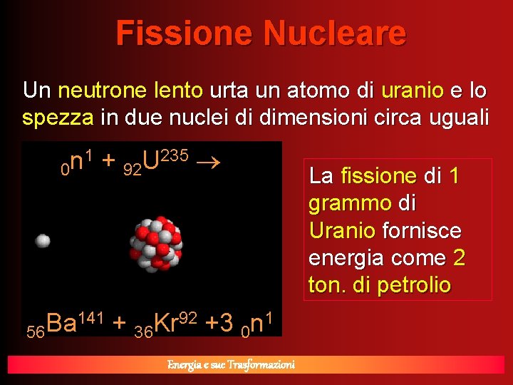 Fissione Nucleare Un neutrone lento urta un atomo di uranio e lo spezza in