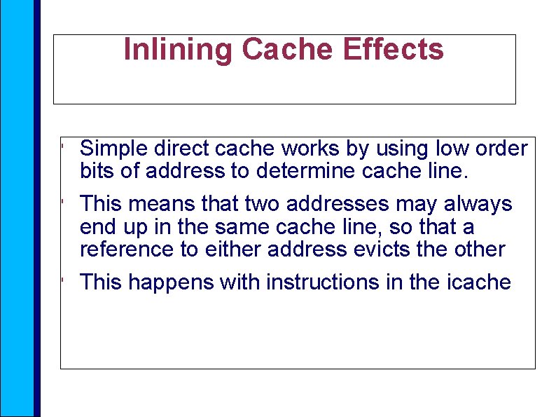 Inlining Cache Effects ' ' ' Simple direct cache works by using low order