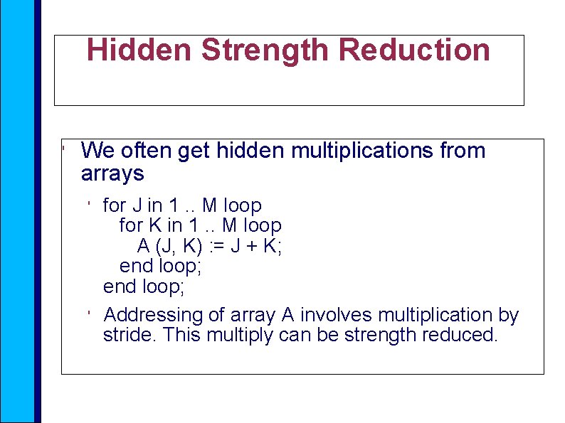 Hidden Strength Reduction ' We often get hidden multiplications from arrays ' ' for