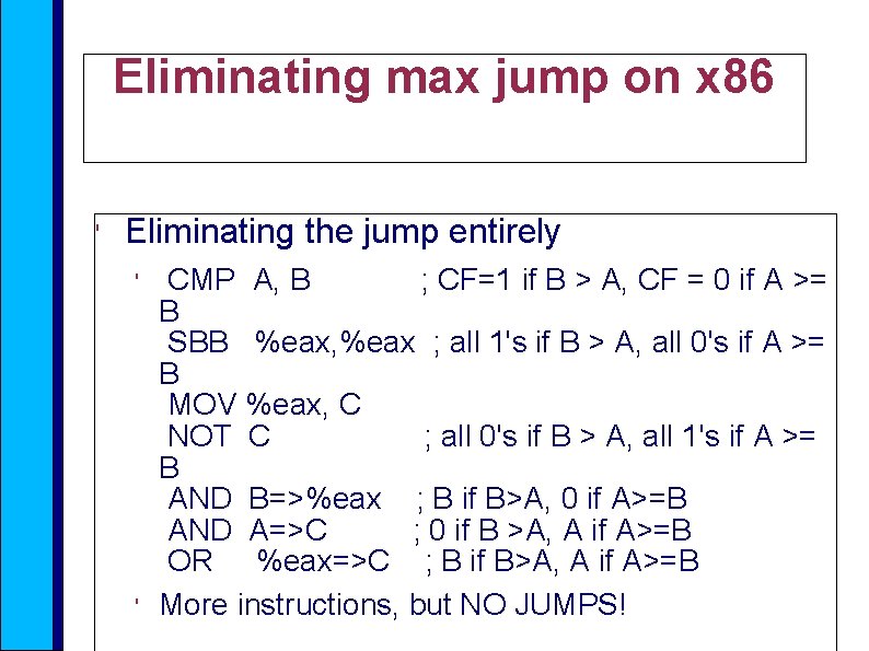 Eliminating max jump on x 86 ' Eliminating the jump entirely ' ' CMP