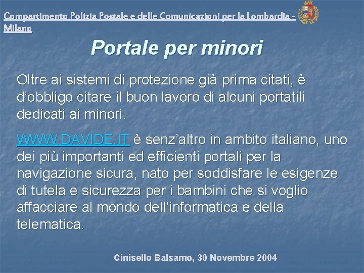 Compartimento Polizia Postale e delle Comunicazioni per la Lombardia Milano Portale per minori Oltre