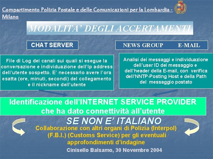 Compartimento Polizia Postale e delle Comunicazioni per la Lombardia Milano MODALITA’ DEGLI ACCERTAMENTI CHAT