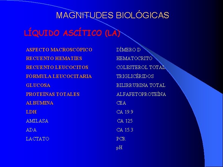 MAGNITUDES BIOLÓGICAS LÍQUIDO ASCÍTICO (LA) ASPECTO MACROSCÓPICO DÍMERO D RECUENTO HEMATÍES HEMATOCRITO RECUENTO LEUCOCITOS