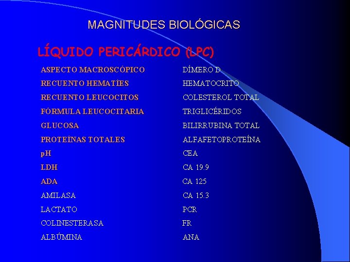 MAGNITUDES BIOLÓGICAS LÍQUIDO PERICÁRDICO (LPC) ASPECTO MACROSCÓPICO DÍMERO D RECUENTO HEMATÍES HEMATOCRITO RECUENTO LEUCOCITOS