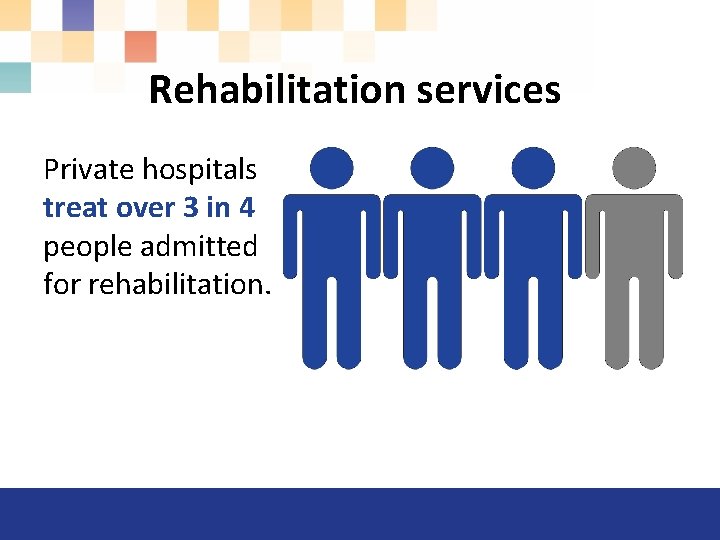 Rehabilitation services Private hospitals treat over 3 in 4 people admitted for rehabilitation. 