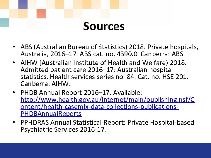 Sources • ABS (Australian Bureau of Statistics) 2018. Private hospitals, Australia, 2016– 17. ABS