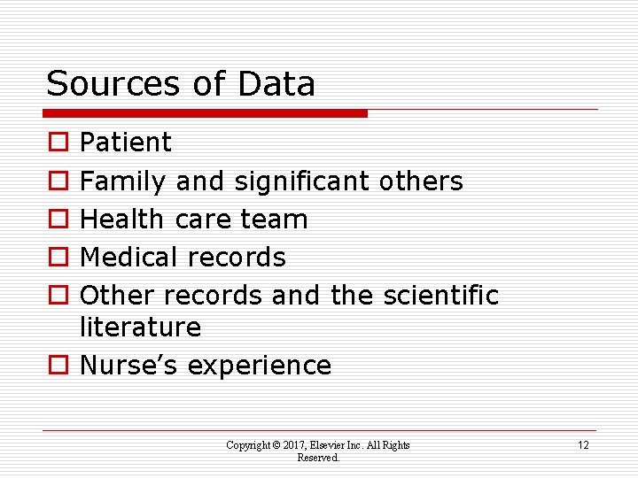 Sources of Data Patient Family and significant others Health care team Medical records Other