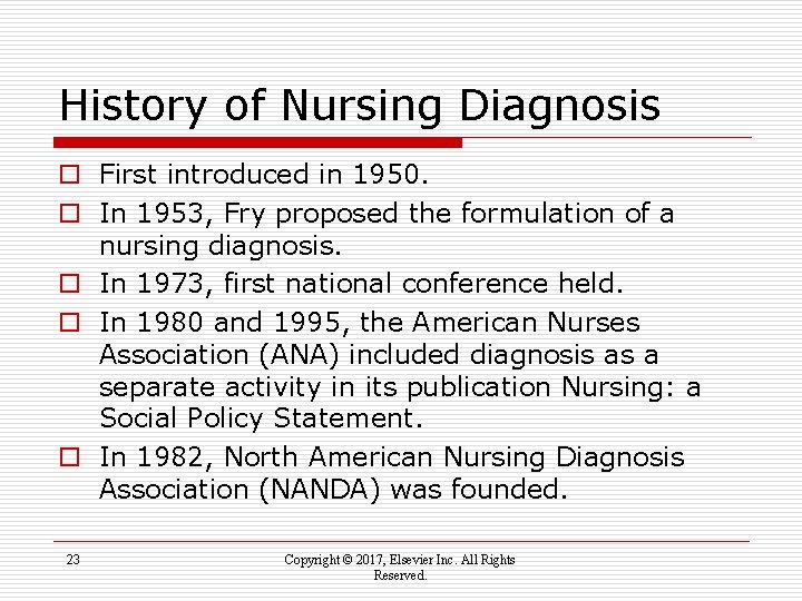 History of Nursing Diagnosis o First introduced in 1950. o In 1953, Fry proposed