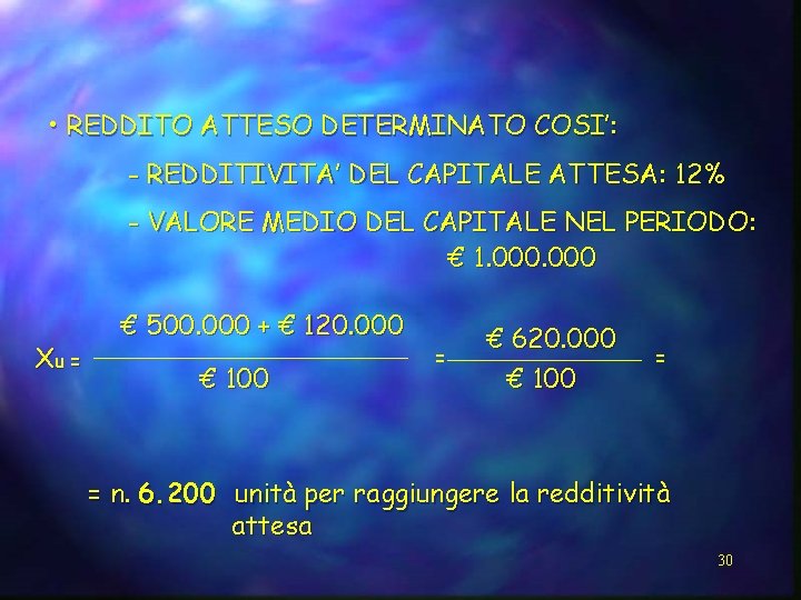  • REDDITO ATTESO DETERMINATO COSI’: - REDDITIVITA’ DEL CAPITALE ATTESA: 12% - VALORE